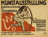 Max Pechstein, Plakat Kunstausstellung Zurückgewiesener der Secession Berlin, veranstaltet von der Neuen Secession (15. Mai – 15. Juli 1910), 1910, Lithographie in Schwarz, Rot und Grau auf bräunlichem Papier, auf Buchbinderleinen aufgezogen