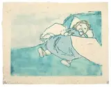 Gabriele Münter, Kind mit Flasche, Um 1907, Farbholzschnitt auf Japanbütten