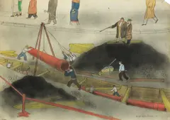 Oskar Nerlinger, Straßenarbeiter, 1931, Aquarell und Spritztechnik über Bleistift auf leichtem Karton (Prägestempel: Schutzmarke Schoellershammer)