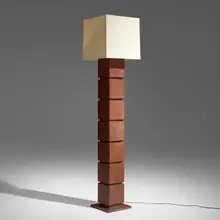 Brutalist, Floor lamp, patinated steel, silk shade