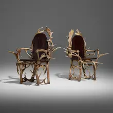 20th Century, Antler chairs, pair, antlers, stained oak