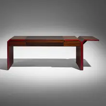 Pierre Paulin, Desk, c. 1980, macassar ebony veneer, leather, lacquered wood
