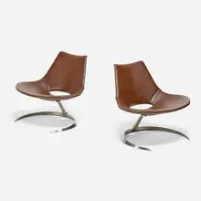Scimitar chairs, pair by Preben Fabricius and Jørgen Kastholm, 1962, leather, stainless steel, sold Mar 2026