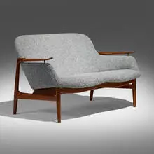 Settee, model NV-53 by Finn Juhl, 1953, bouclé upholstery, teak, brass, sold Mar 2026