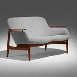 Settee, model NV-53 by Finn Juhl, 1953, bouclé upholstery, teak, brass, sold Mar 2026