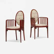 Armchairs model 415 F, pair by Gustav Siegel, 1907, upholstery, stained beech, sold Mar 2026