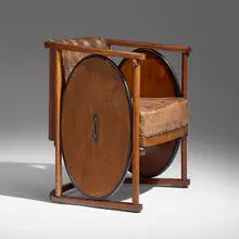 Koloman Moser, Rare inlaid armchair, model 422, c. 1907, beech, plywood, marquetry, leather, brass