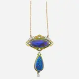 Durand & Co., An oval black opal cabochon, 22.2 x 11.3 x 5.9mm set in shaded translucent green and blue enameled surmount suspends similar pear-shaped black opal cabochon drop