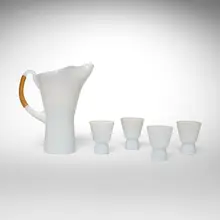 Jacob E. Bang, Pitcher and cups, set of four, 1957, opaline glass, cane