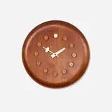 Stool Seat wall clock, model 7512 by George Nelson & Associates, c. 1957, teak, lacquered teak, lacquered aluminum, sold Jul 2026