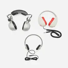 Modern, Collection of three headphones, plastic, chrome-plated steel, aluminum, vinyl, chrome-plated brass, rubber