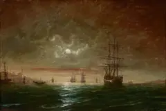 Edward Hoyer, A moolit harbor, thought to be on the Bosphorus with a view of Constantinople in the distance, oil on canvas