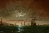Edward Hoyer, A moolit harbor, thought to be on the Bosphorus with a view of Constantinople in the distance, oil on canvas