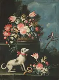 Northern Italian School, A floral still life with a dog and a bird, oil on canvas
