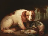 A spaniel with the days bag by English School, oil on panel, offered Nov 2018