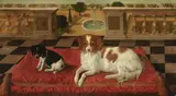 Continental School, Spaniels on a garden terrace before a fountain, oil on canvas