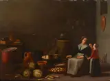Dutch School, A scullery maid and child in a kitchen interior, oil on panel