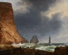 Christian Ezdorff, Seabirds off a rocky coastline with stormy skies, oil on canvas