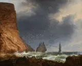 Christian Ezdorff, Seabirds off a rocky coastline with stormy skies, oil on canvas