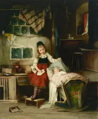 August Müller, Tending to the baby, oil on canvas