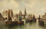 August von Siegen, A view of a bustling town with numerous boats on a canal, oil on canvas