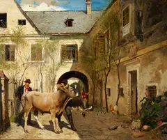 The return to the farm by Franz Wenzel Schwarz, oil on panel, sold Nov 2018