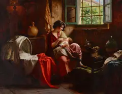 A mother tending her child in a sunlit interior by Giuseppe Magni, oil on canvas, sold Nov 2018