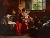 Giuseppe Magni, A mother tending her child in a sunlit interior, oil on canvas