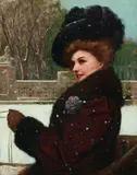 Herman N. Hyneman, A portrait of a lady thought to be of Lillian Russell holding the carriage reins in the snow, oil on canvas