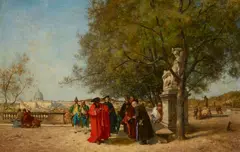 Ferdinand Heilbuth, Elegant figures on a terrace overlooking Rome with St. Peter's in the distance, oil on canvas