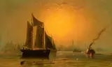 C. A. Le Junaé, Boats in a harbour at sunset, oil on canvas
