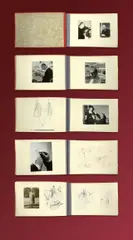 Christian Dior, Album mit Entwürfen (sog. Croquis) von Dior – mit Fotografien u.a. von Willy Maywald und Maurice Zalewski. 1947–57 / ein Abzug von 1959, Karton, gebunden in rotem Kunstleder; 19 Zeichnungen (teilweise beidseitig) in Blei- und Buntstift auf Papier und Transparentpapier (kaschiert); 32 Multiple prints, davon 19 Werbefotografien und zehn mit Dior selbst
