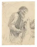 Adolph von Menzel, Bärtiger Mann nach rechts mit einer Flasche in der rechten Hand sowie mit Details zu dieser Hand. Um 1897 (?)
