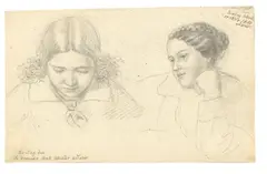 Ludwig Emil Grimm, Zwei Portraitskizzen von Grimms Töchterchen Friedrike, gen. Ideke, im Alter von 15 und 17 Jahren. [...]“. 1848 und 1850, Bleistift auf Bütten