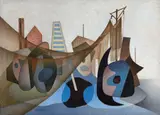 Hans Thiemann, Netze am Strand, 1949, Öl auf Leinwand auf Hartfaser