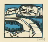 Karl Schmidt-Rottluff, Dünen und Mole, 1917, Farbholzschnitt auf Bütten (Wasserzeichen: PERFECTA)