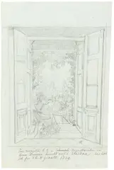 Ludwig Emil Grimm, Kurfürstin Auguste von Hessen-Kassel (1780–1841) in Augustenruhe, 1829, Bleistift auf graublauem Bütten (Wasserzeichen: Cassel I B[...])