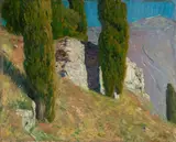 Osmar Schindler, Bergcypressen, 1911, Öl auf Leinwand