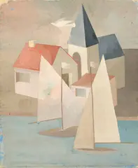 Marta Hegemann, Segelschiffe vor Kirche mit Häusern. 1920er-Jahre, Tempera auf Bütten