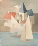 Marta Hegemann, Segelschiffe vor Kirche mit Häusern. 1920er-Jahre, Tempera auf Bütten