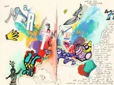 Letter to Martin Neuffer by Niki de Saint Phalle und Jean Tinguely, 1975, Brief mit Gouache, Aquarell, Aufklebebildchen, Filzstift und Tinte auf chamoisfarbenem, festem Papier, sold May 2014