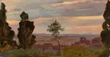 Adolf Henning, Abendhimmel, Campagna, von der Villa d´Este gesehen, 1835, Öl auf Papier auf Pappe