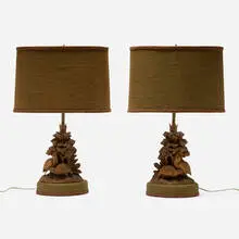 Black Forest, Quail table lamps, pair, carved wood, burlap, brass