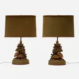 Black Forest, Quail table lamps, pair, carved wood, burlap, brass
