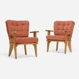 Robert Guillerme & Jacques Chambron, Caqueteuse armchairs, pair, c. 1965, oak, upholstery