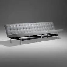 Sofa, model 8/FC by Erwine & Estelle Laverne, 1953, chrome-plated steel, enameled steel, leather, sold Mar 2026