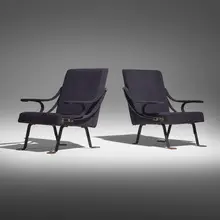 Ignazio Gardella, Digamma lounge chairs, pair, upholstery, enameled steel, brass