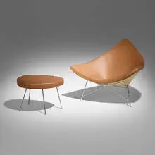 Coconut chair and ottoman by George Nelson & Associates, 1956, aluminum, leather, enameled steel, sold Mar 2026