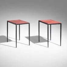 Jean-Michel Frank, Occasional tables, pair, leather, enameled steel
