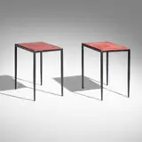 Jean-Michel Frank, Occasional tables, pair, leather, enameled steel